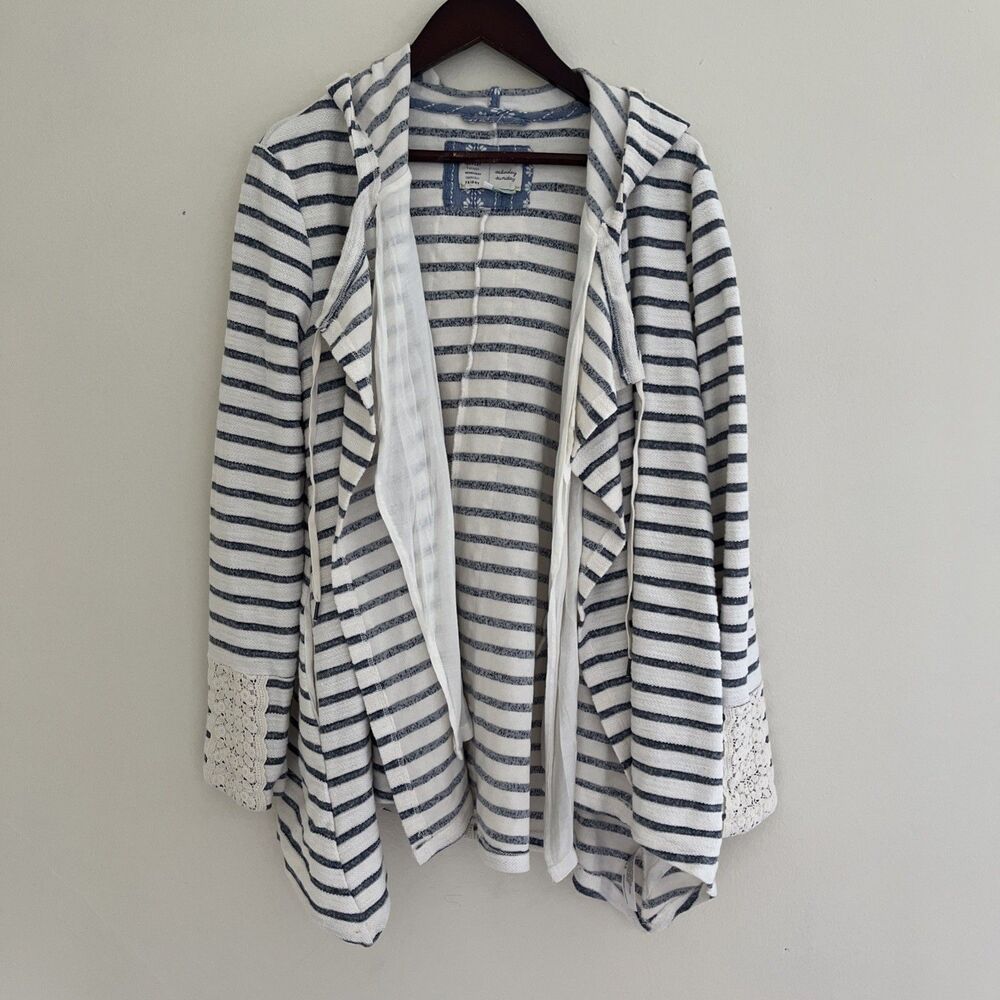 Anthropologie Saturday Sunday Hooded Striped Boho Cardigan, White/Navy- Size S